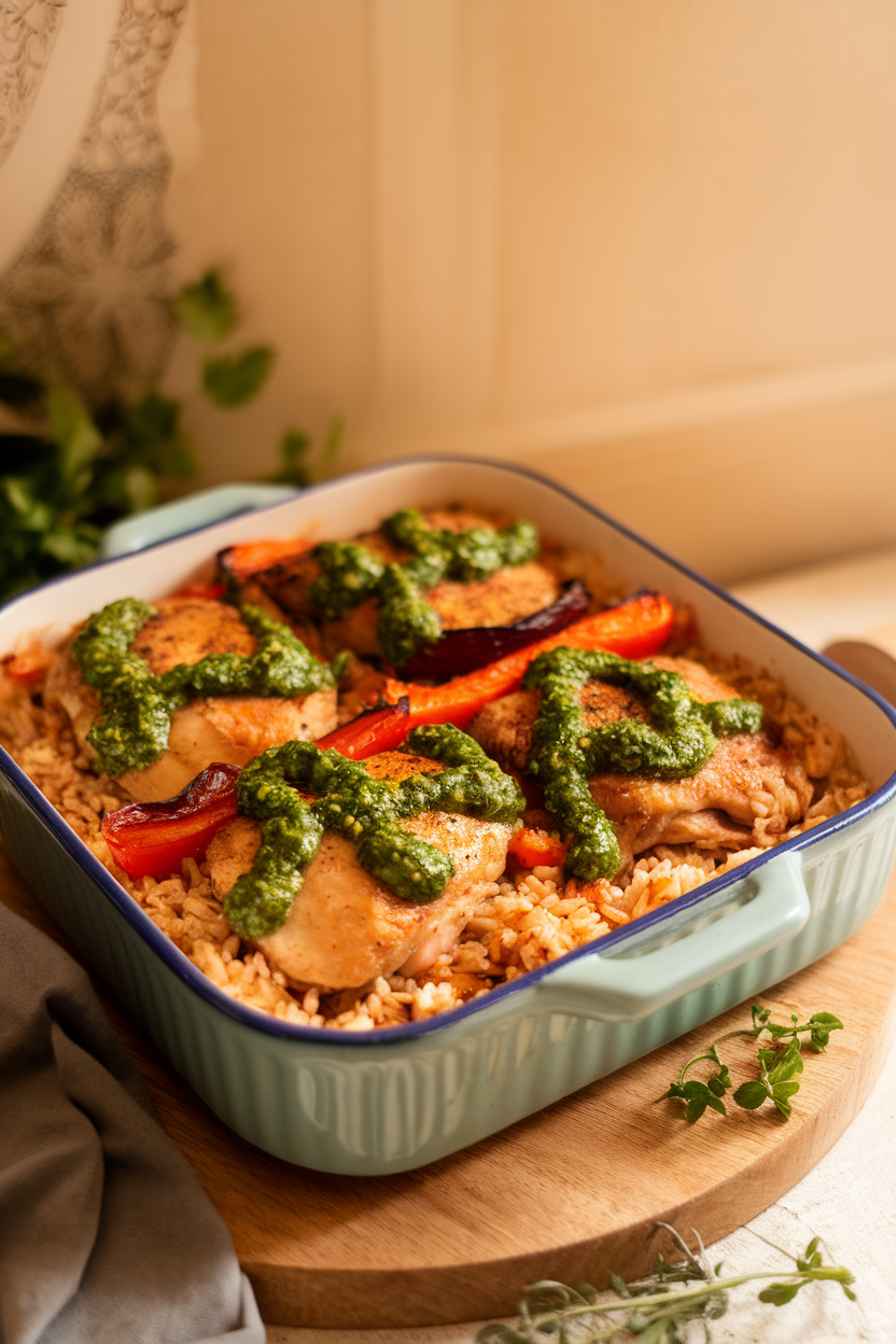 Warm indoor photo of a casserole containing brown rice, chicken thighs, roasted bell peppers, and a vibrant green chimichurri drizzle on top. No text or logos.