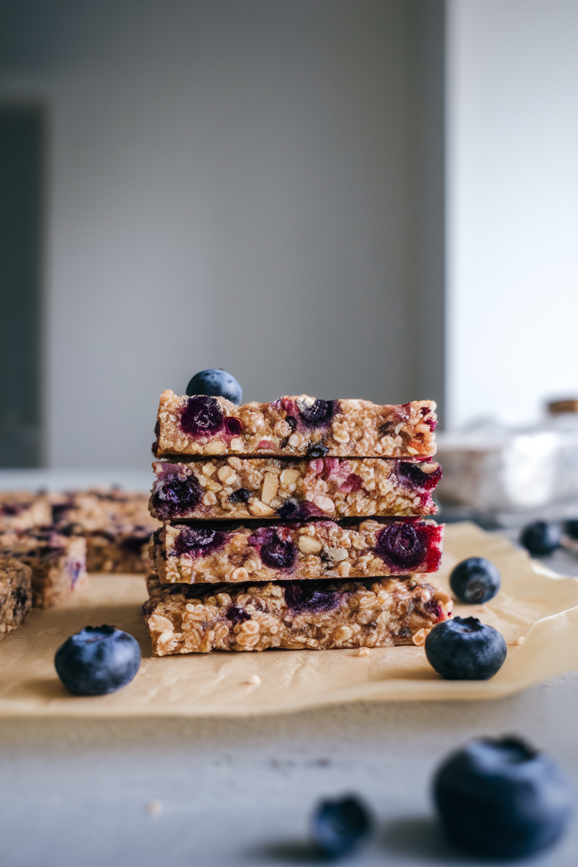 An indoor counter close-up of rectangular berry almond quinoa bars stacked neatly on parchment paper, a few fresh blueberries scattered around. Photo, no text or logos.