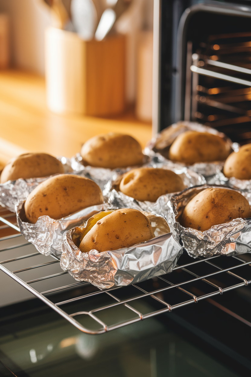 Oven rack holding several foil-wrapped baked potatoes, indoor warm light, photo, no text or logos