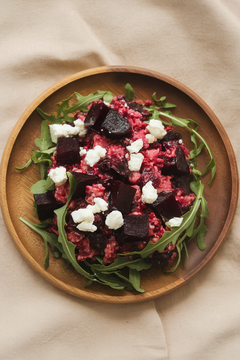 An indoor plate holding a rye berry salad mixed with roasted beet cubes, arugula, and goat cheese crumbles. No text or logos present.