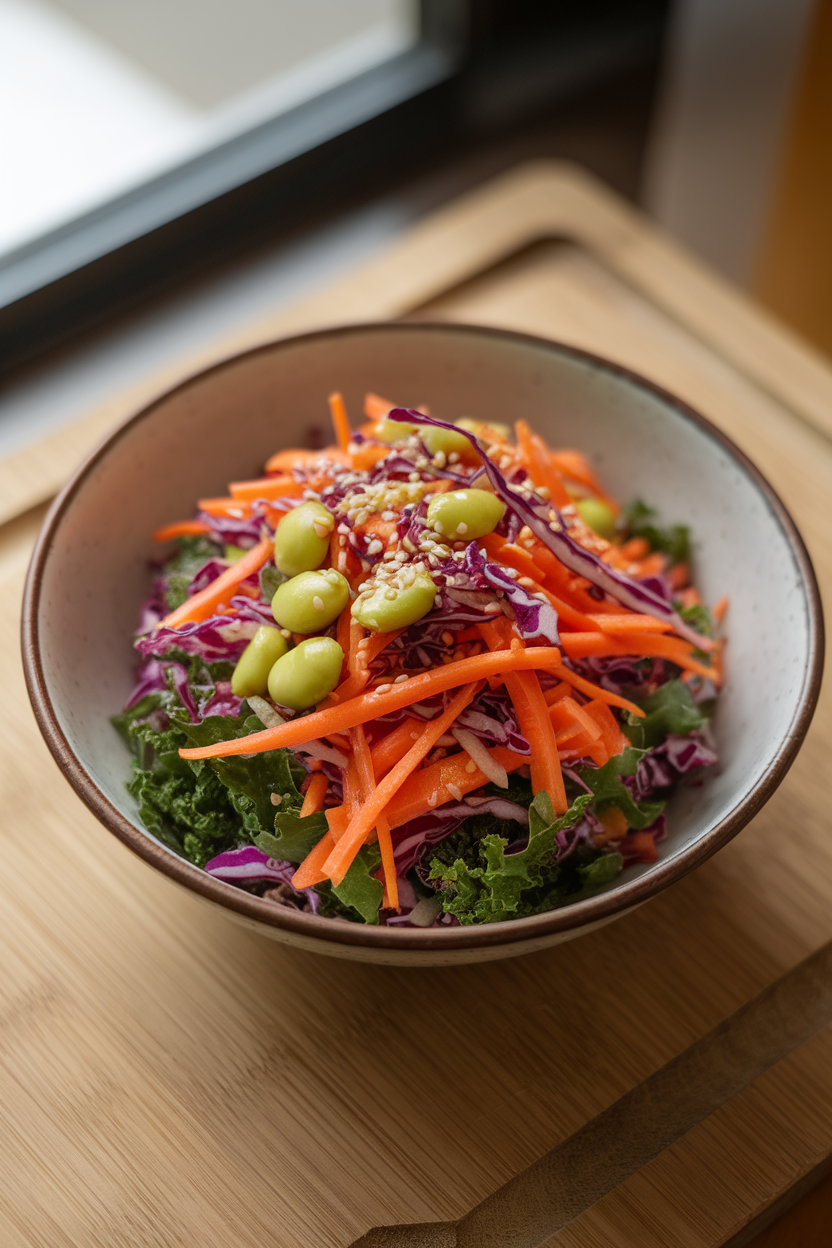 An indoor serving bowl of finely shredded purple cabbage, carrots, kale, and edamame topped with sesame seeds. Photo, no text or logos.