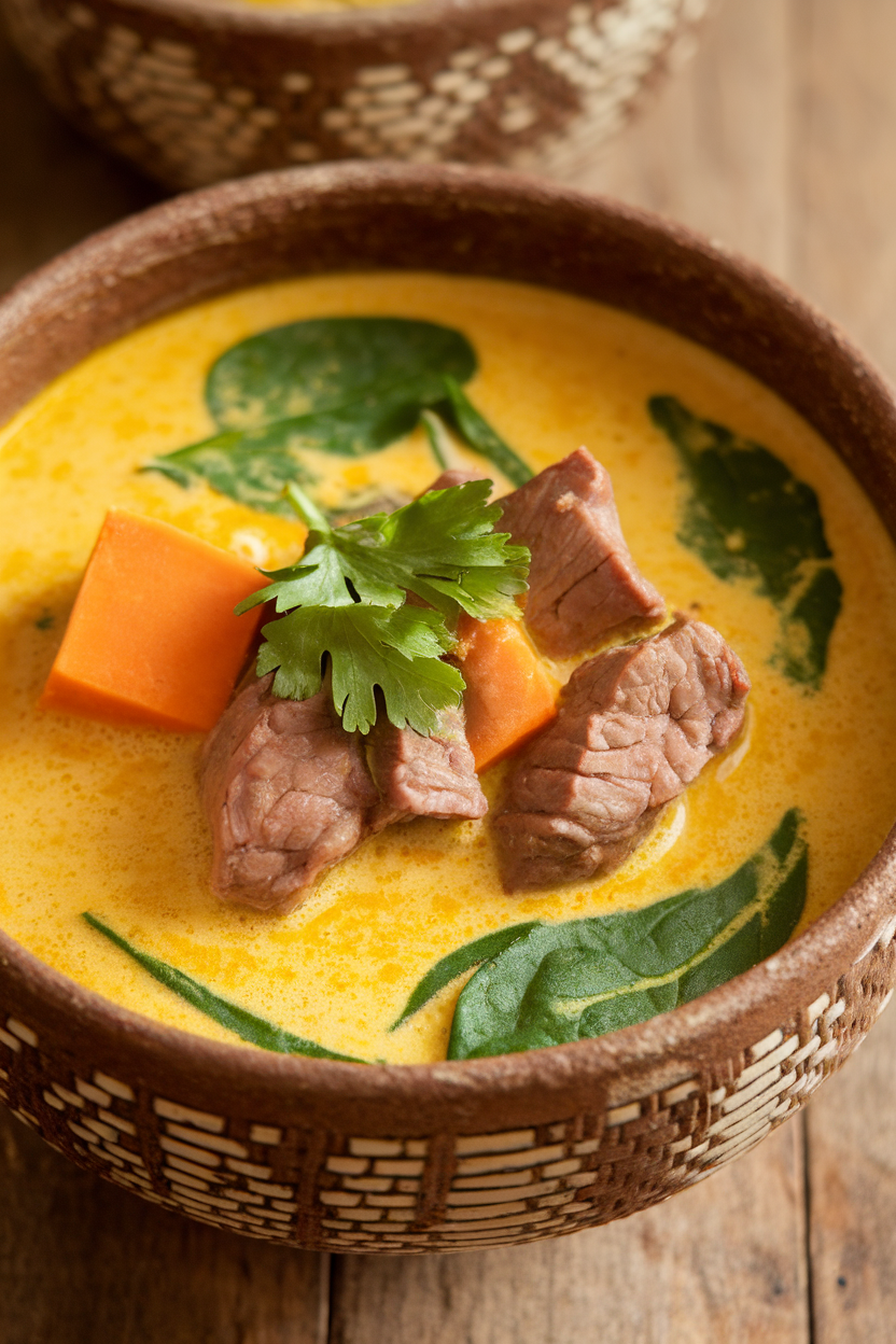 Indoor bowl of golden curry soup featuring beef chunks, sweet potato cubes, and spinach leaves. No logos; photo.