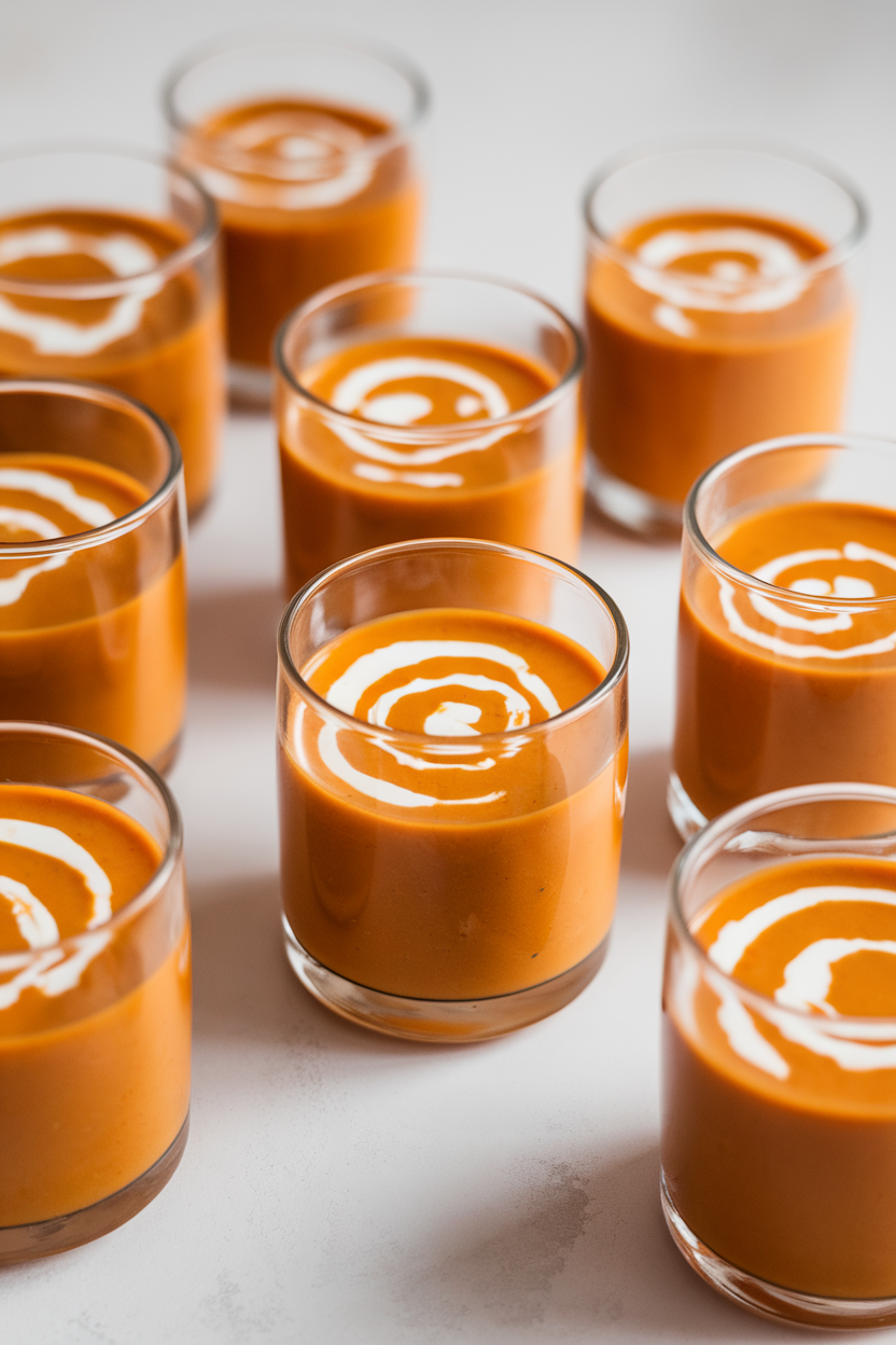 Small indoor glasses of bright orange carrot ginger soup topped with swirl of coconut milk—photo, no text or logos.
