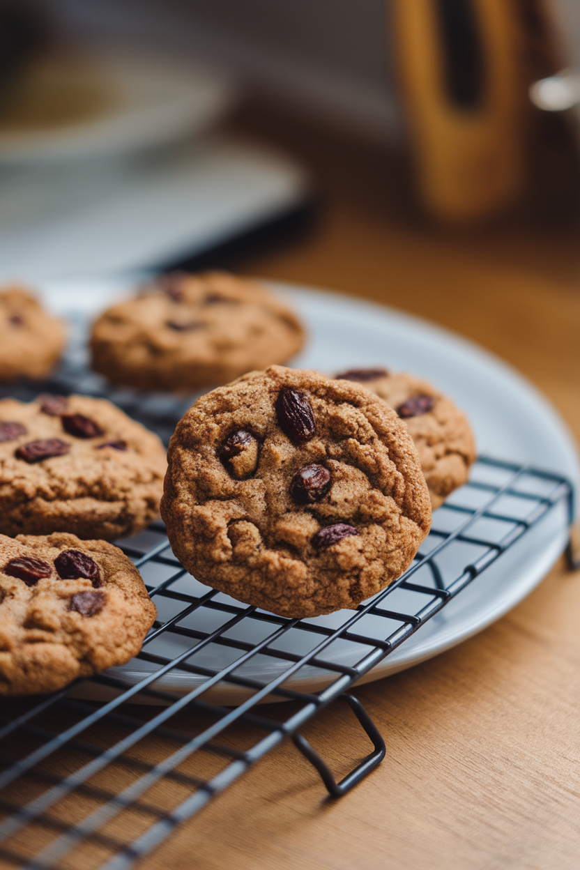Photo prompt: Cinnamon-raisin cookies with almond butter base on a cooling rack indoors, no logos.