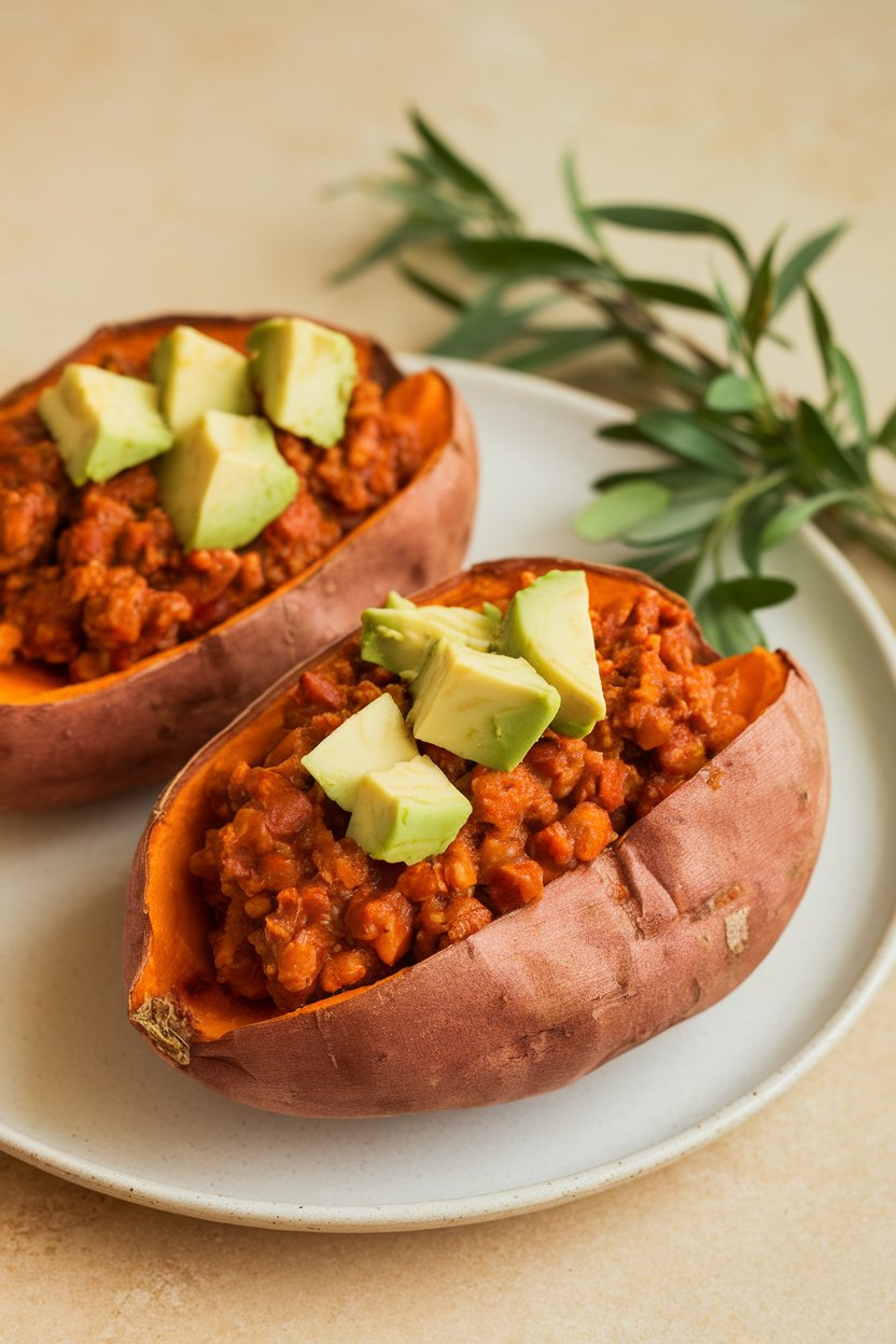 An indoor plate featuring halved baked sweet potatoes filled with turkey chili, topped with diced avocado. No text or logos; photo only.