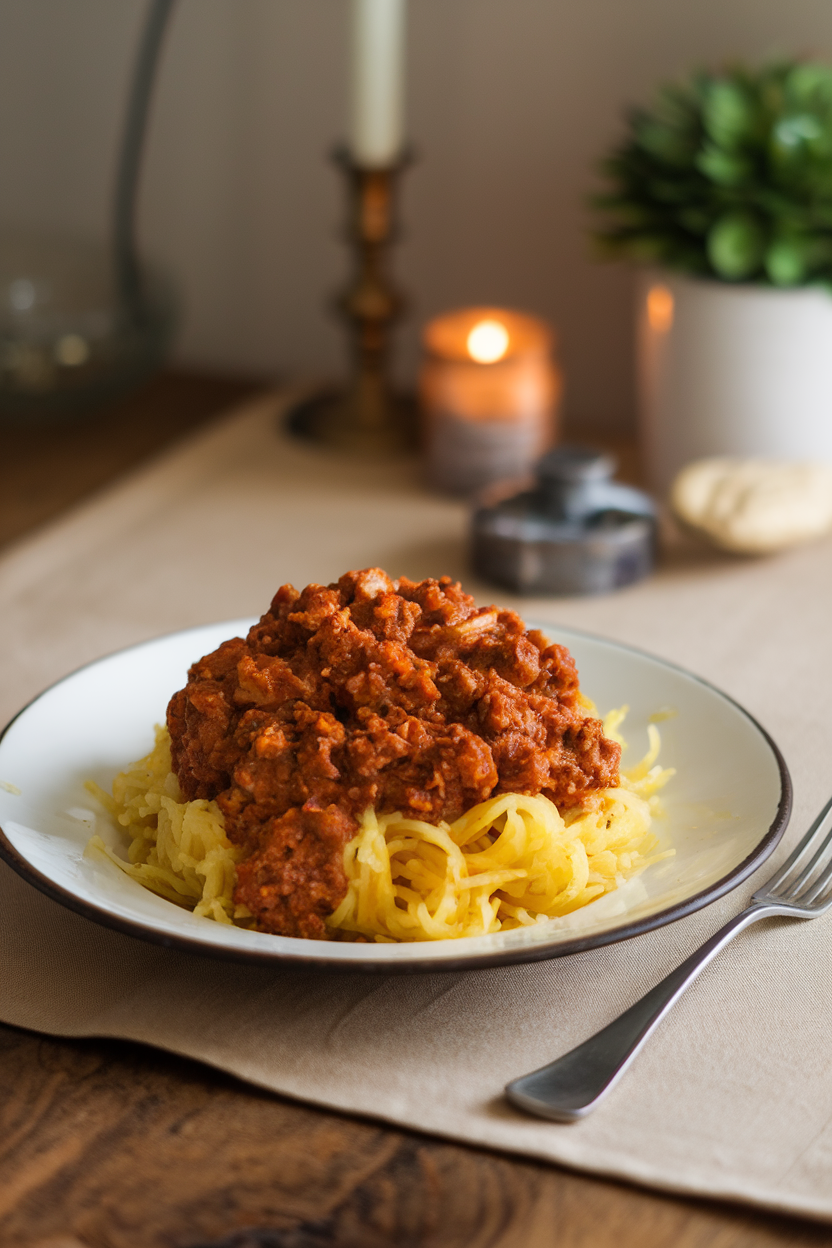 Photo of spaghetti squash strands on a plate topped with rich turkey Bolognese sauce, indoor dinner table. No text or logos.</Prompt