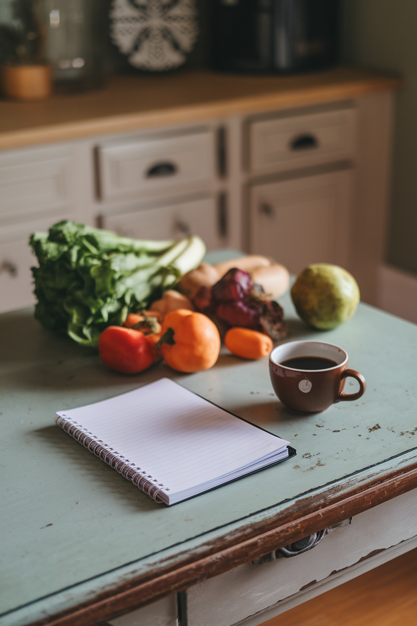 A kitchen table featuring a blank meal-planning notebook beside a cup of coffee and scattered produce, soft indoor lighting. No text or logos. Photo, not illustration.