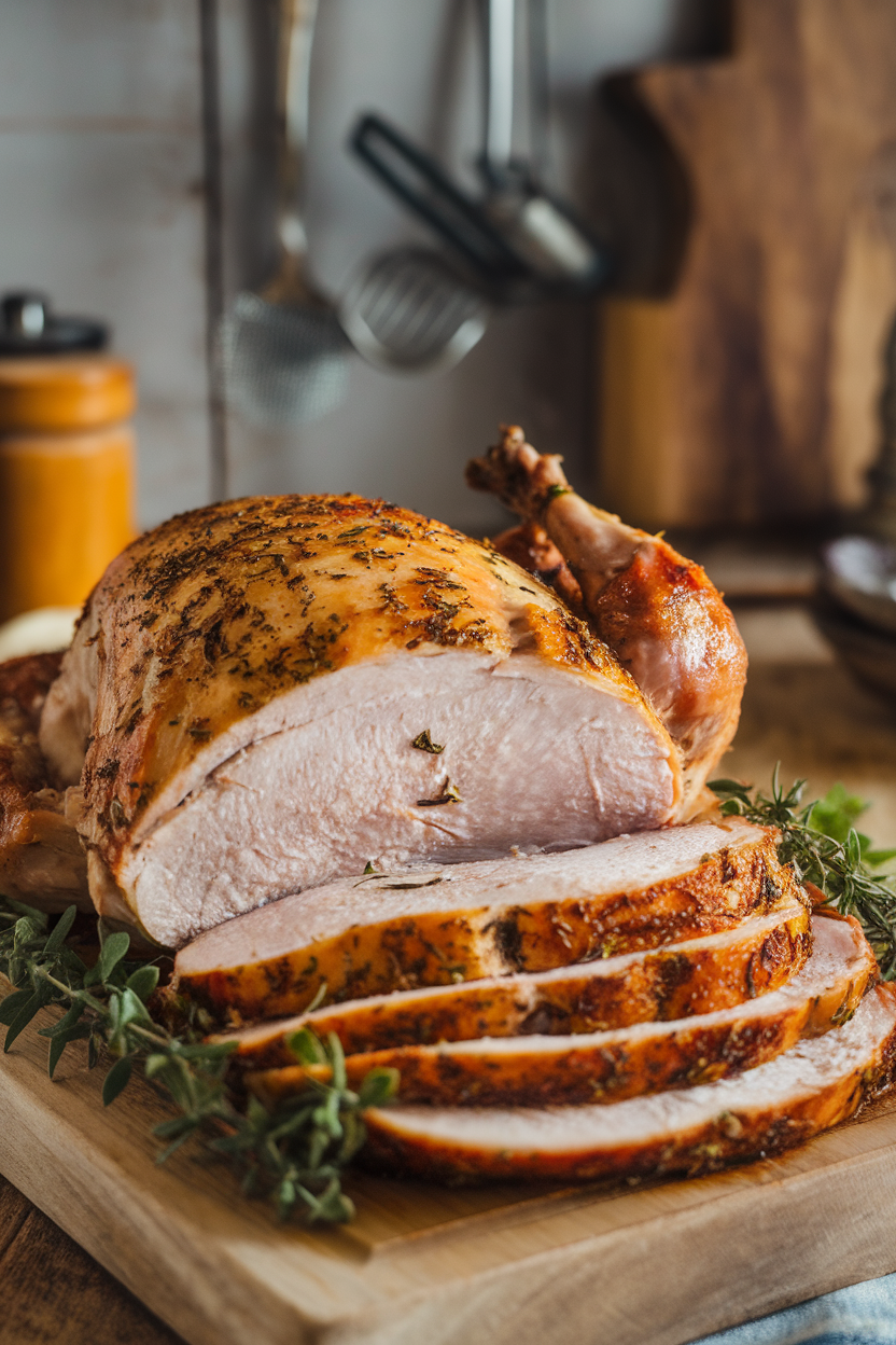 Indoor photo of sliced roasted turkey breast seasoned with garlic and herbs on a carving board; no text or logos.