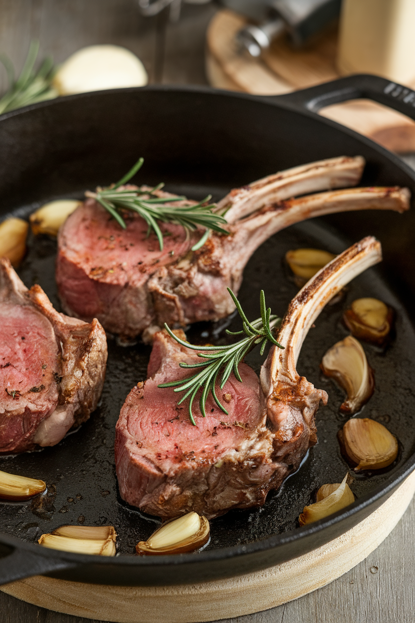 An indoor cast-iron pan showing seared lamb loin chops with rosemary sprigs and garlic cloves caramelized around them. Photo, no text or logos.