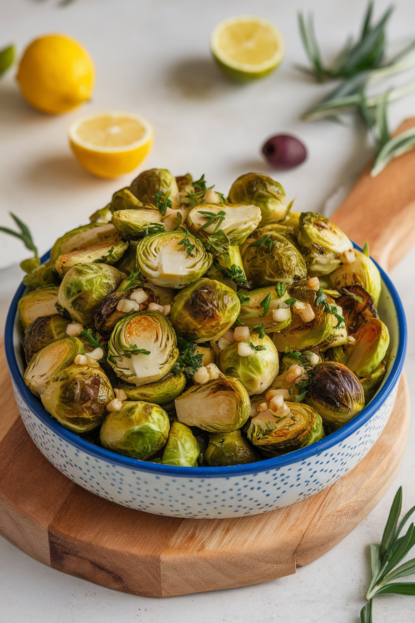 An indoor serving dish piled with roasted Brussels sprouts flecked with minced garlic and fresh herbs. No text or logos. Photo only.