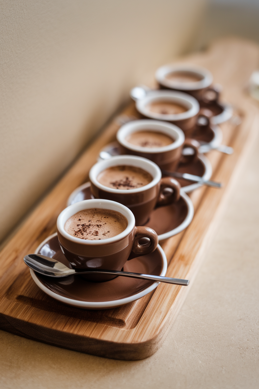 Indoor photo of small espresso cups filled with mocha pots de crème, tiny spoons resting nearby, no text or logos