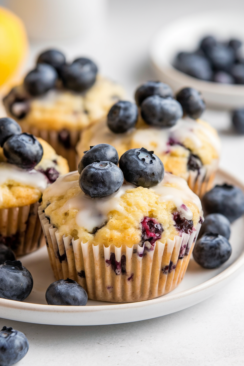 Indoor photo of lemon blueberry muffins featuring visible quinoa grains, on a white plate, no text or logos