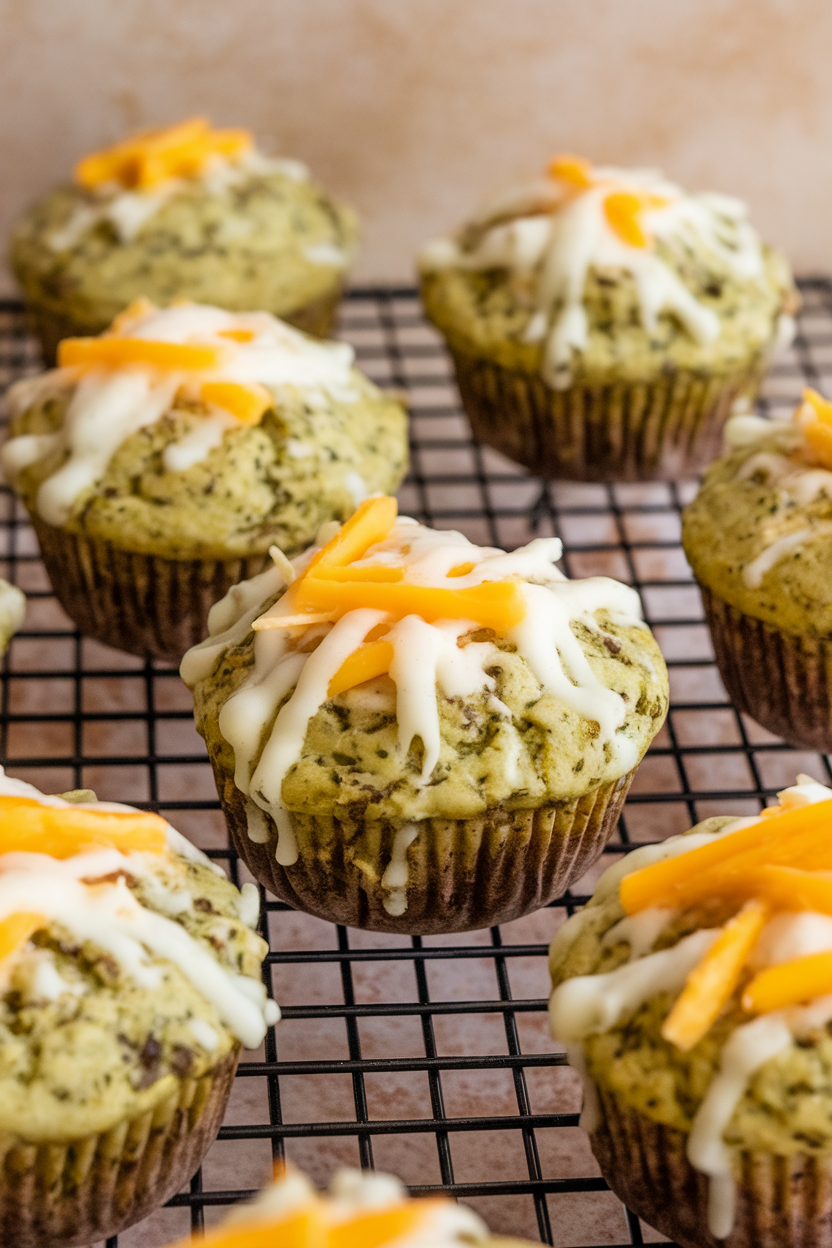 Indoor photo of savory green-flecked muffins with melted cheddar on top, cooling on a rack, no text or logos