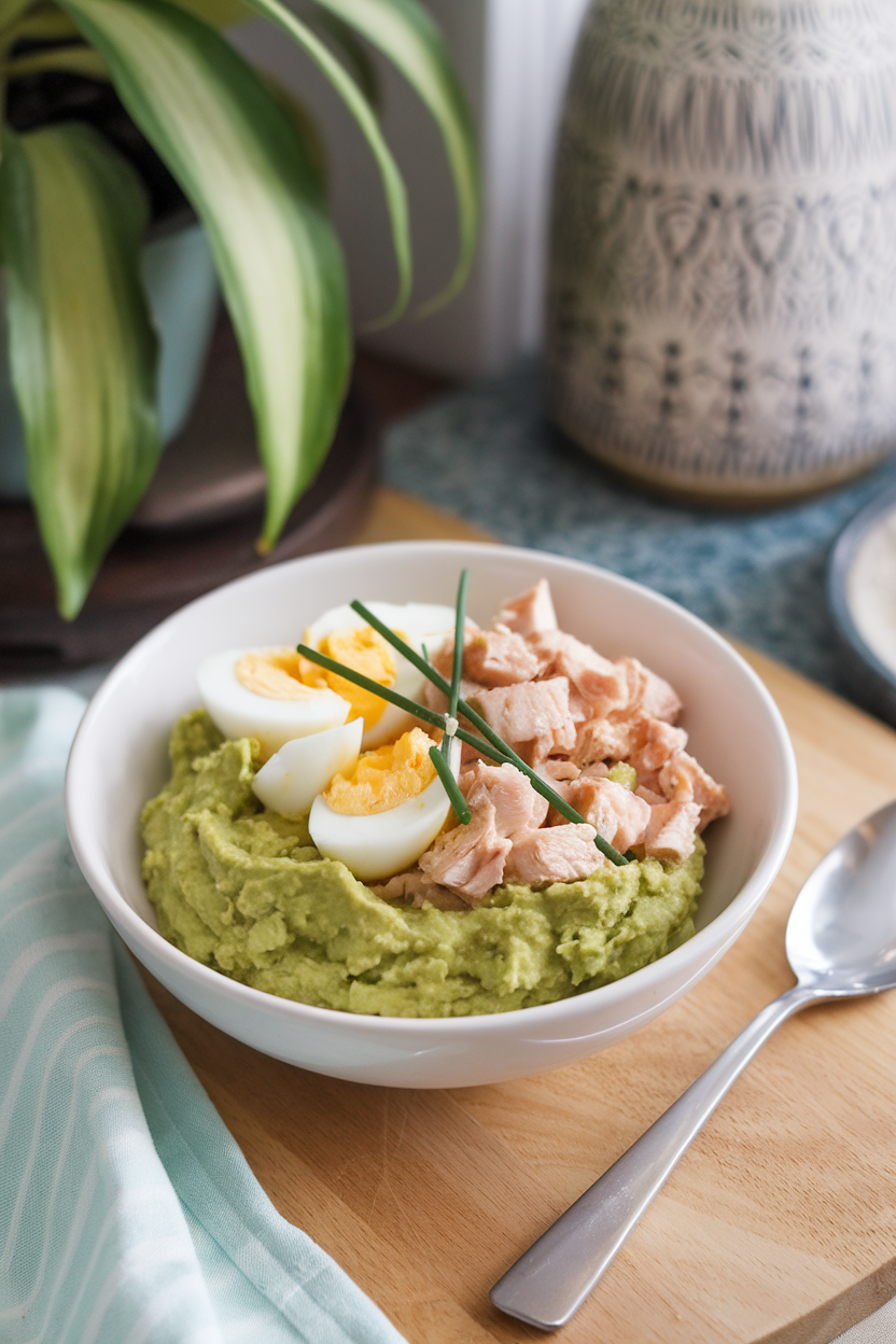 Indoor breakfast nook with a bowl of mashed avocado, chopped hard-boiled egg, and diced chicken folded together, garnished with chives — photo, no text or logos