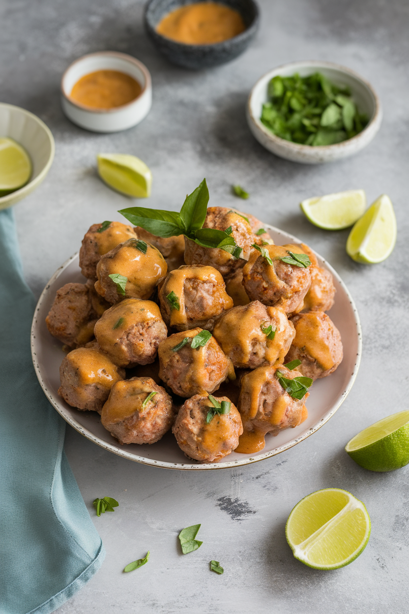 An indoor platter of baked turkey meatballs garnished with chopped Thai basil and lime wedges. Photo, no text or logos.