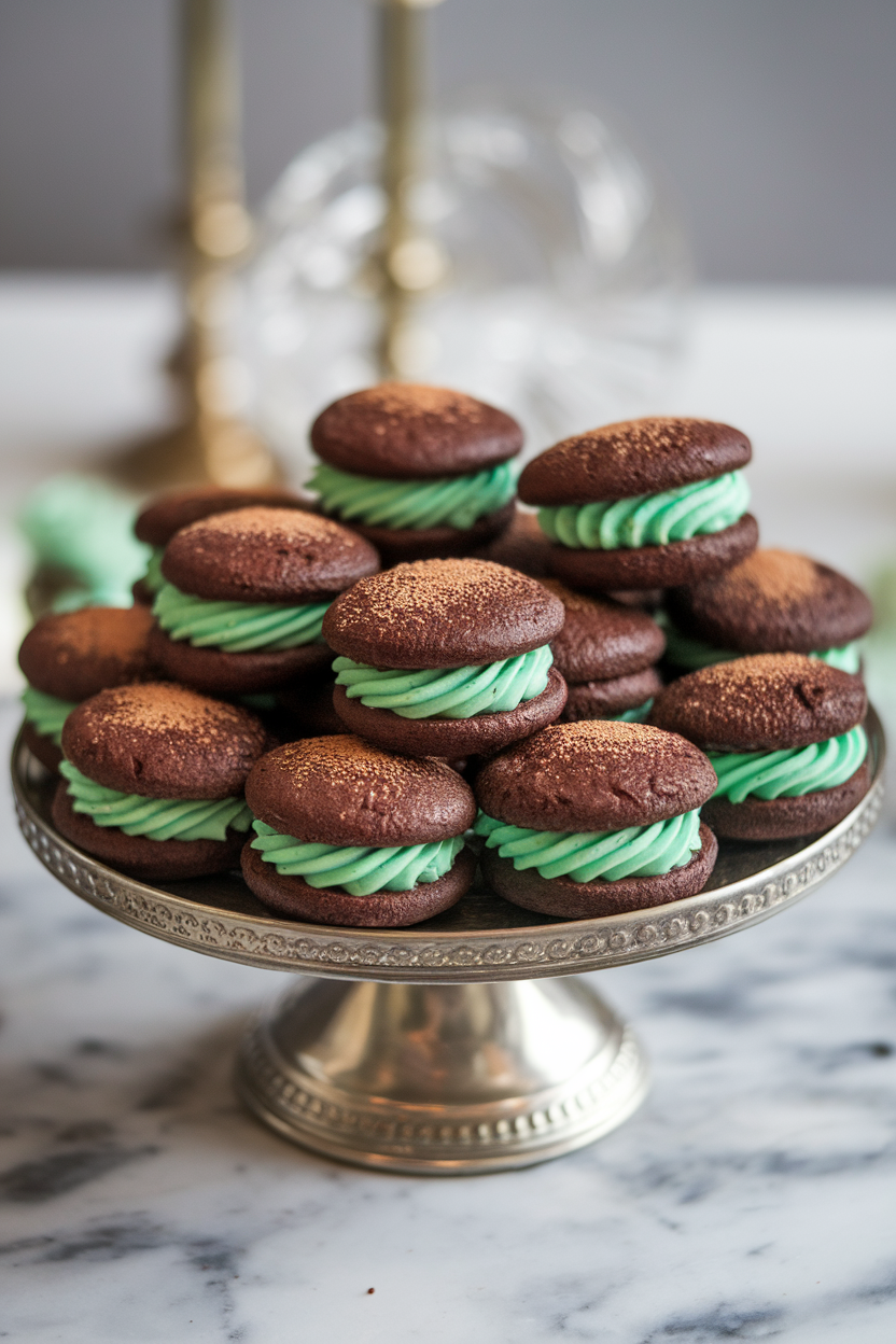 Indoor platter of mini chocolate whoopie pies filled with green mint frosting, slight dusting of cocoa on top. Photo, no text or logos.