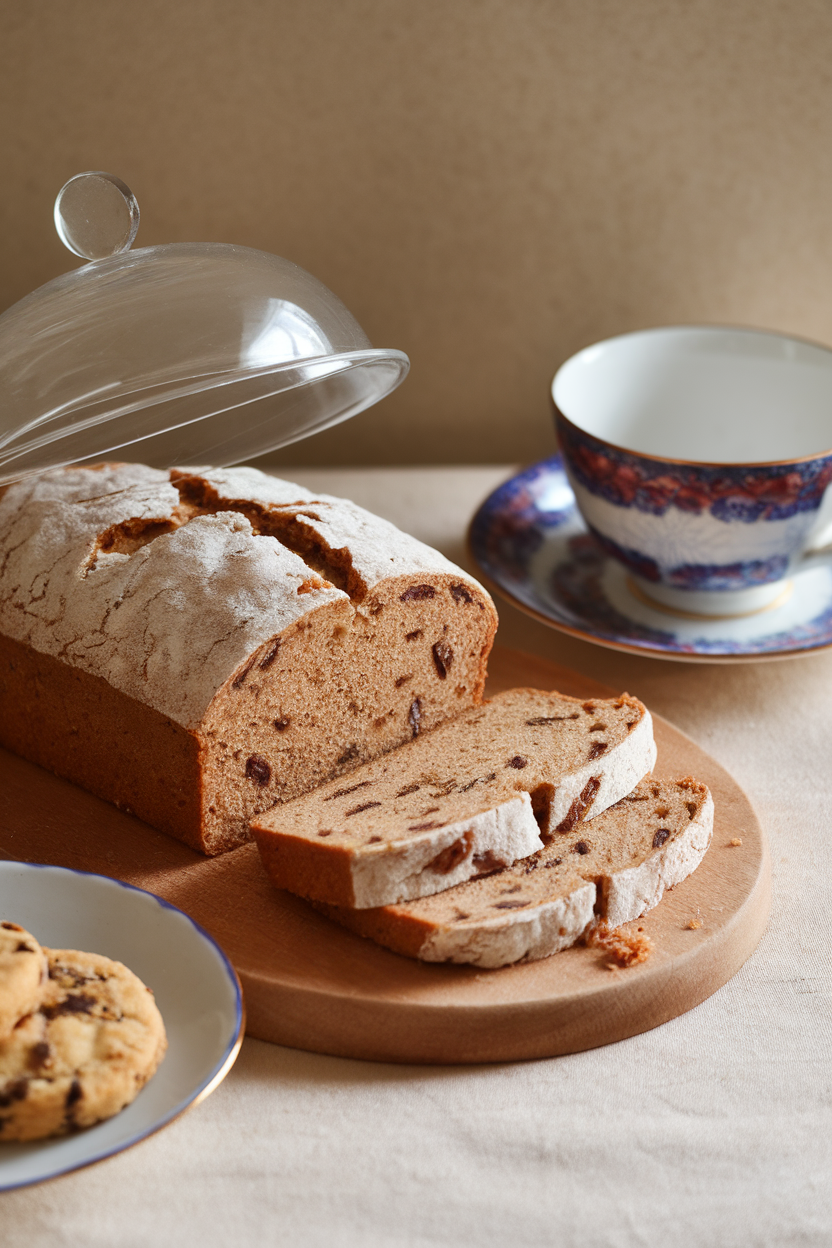 An indoor afternoon tea setup with a sliced spelt tea loaf flecked with dates, a teacup nearby. No text or logos. Photo only.