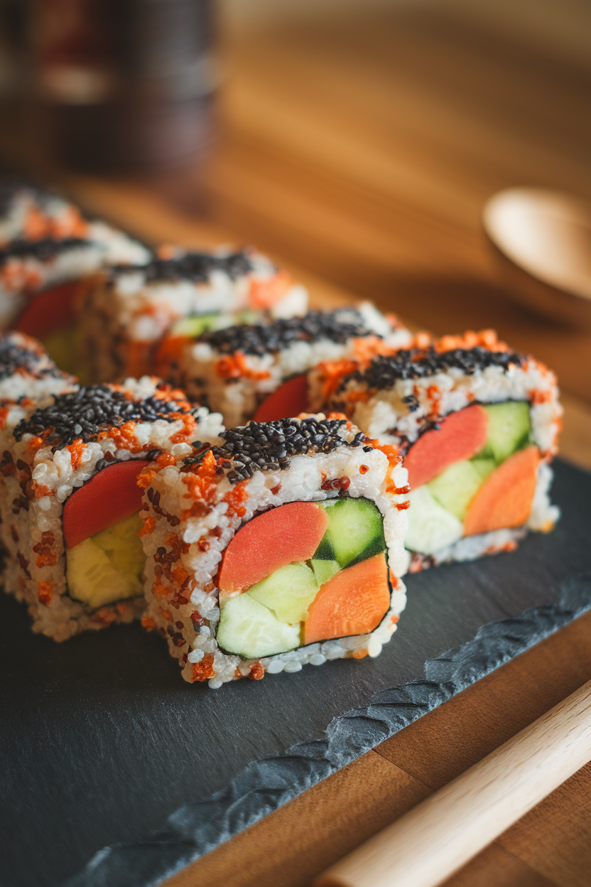 Indoor photo of layered quinoa and vegetable sushi cut into small squares, topped with black sesame seeds on a slate board. No text or logos visible.