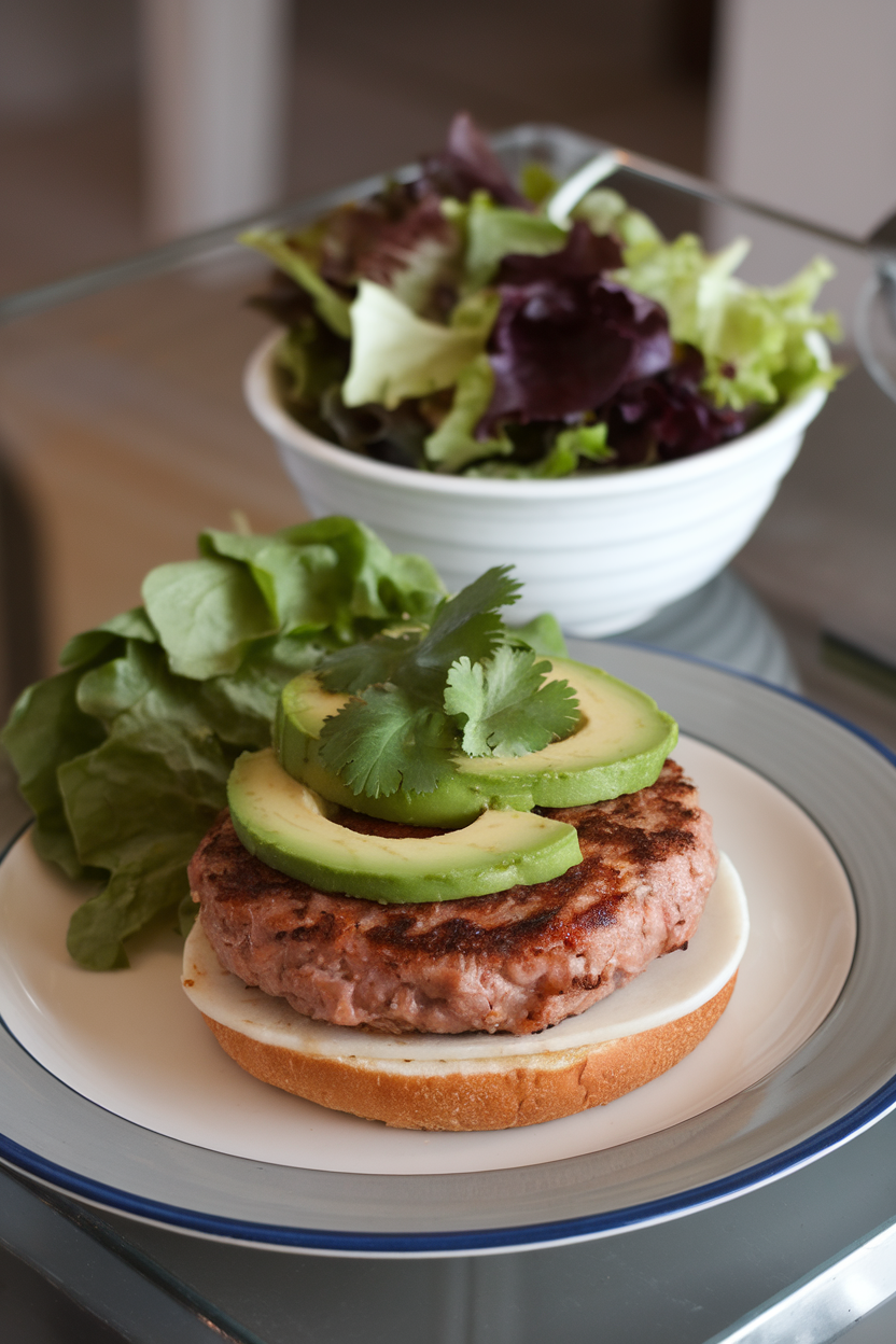 Indoor photo of a plated turkey burger patty topped with avocado slices and cilantro, side of mixed greens, no text or logos.