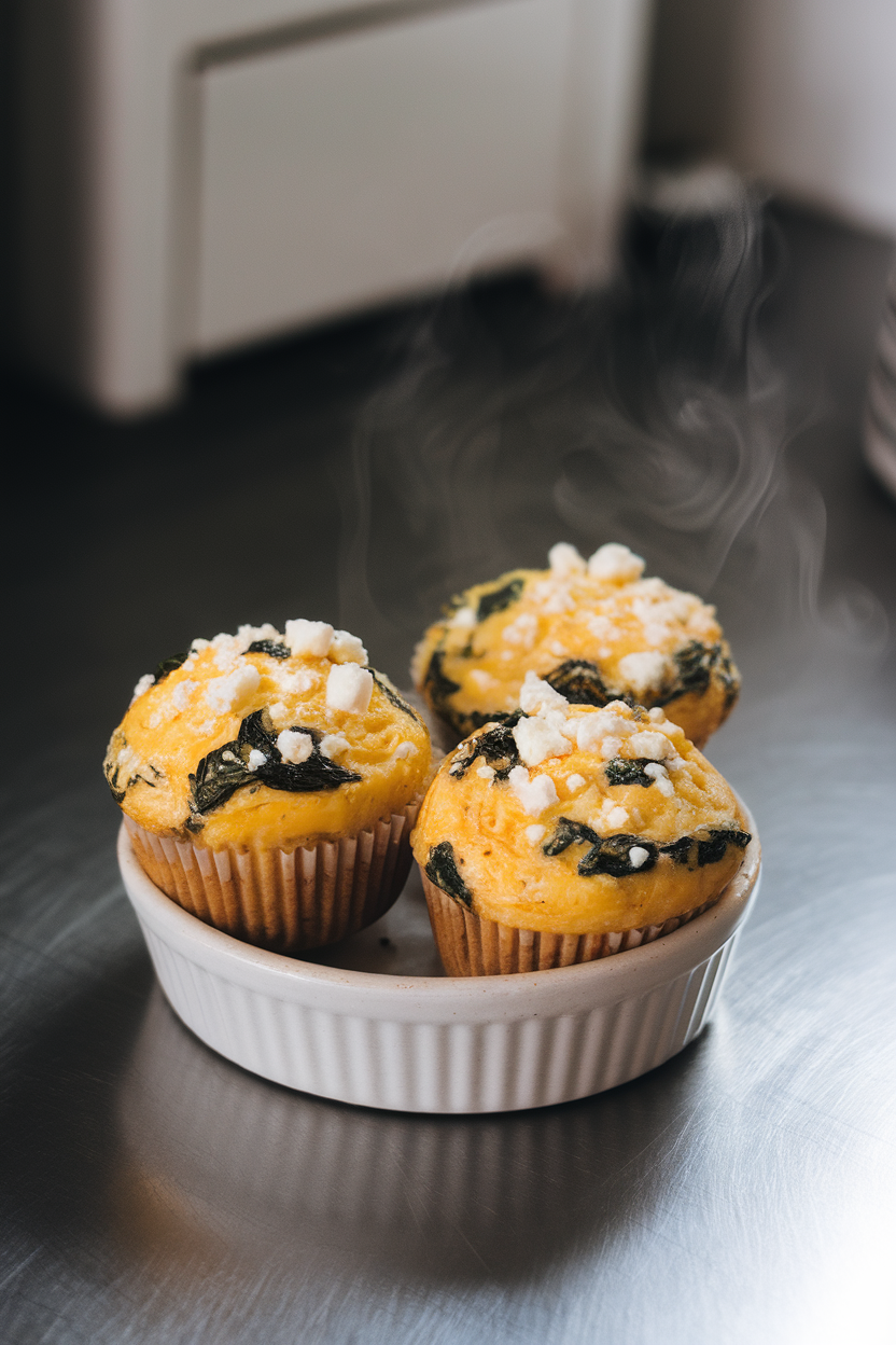 An indoor kitchen counter holding three egg muffins in a small white dish, golden tops dotted with green spinach and white feta crumbles, steam gently rising. No text or logos; photo only.