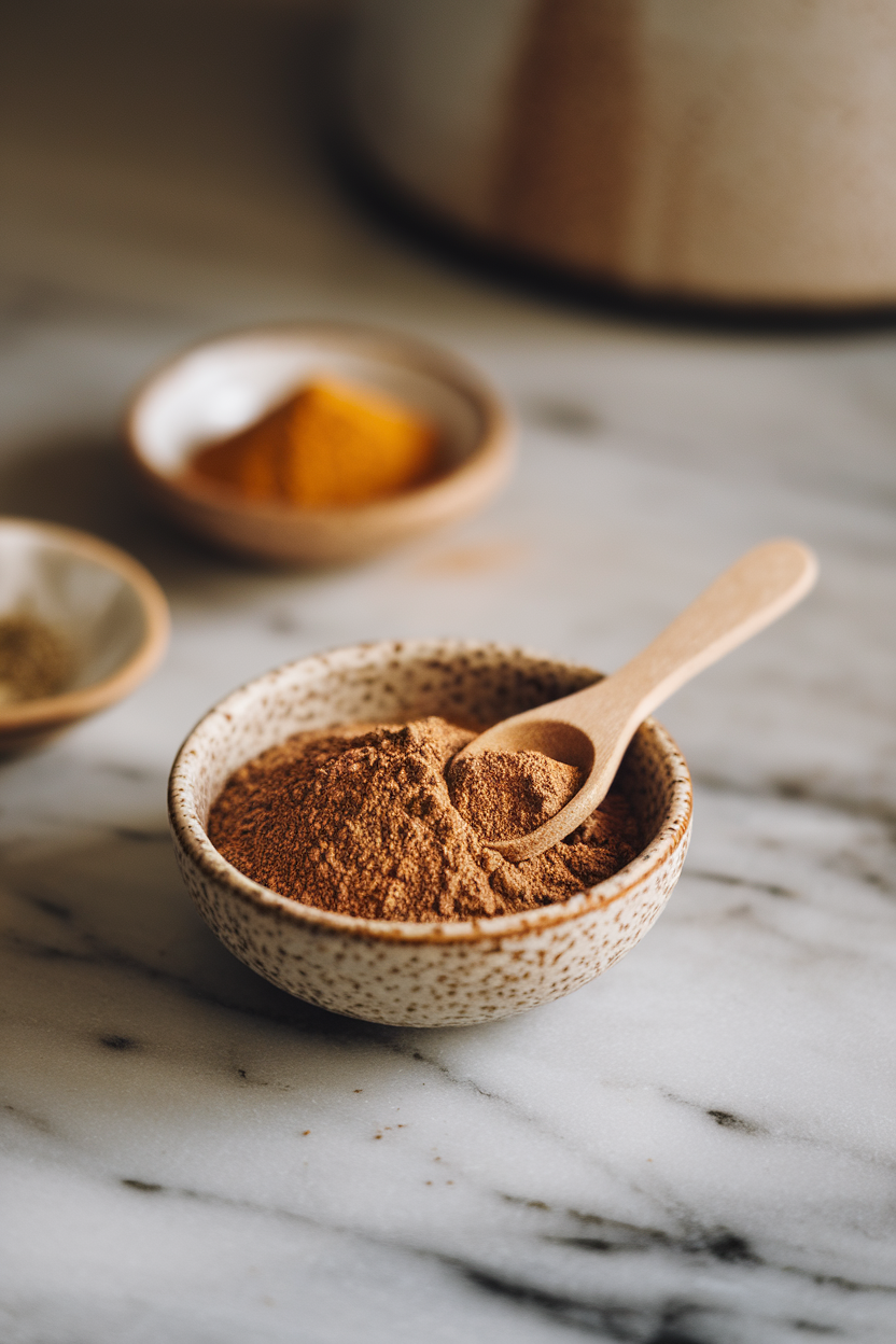 A pinch bowl of warm brown ground cumin on an indoor marble surface, a small wooden spoon for scooping, no text or logos, photo.