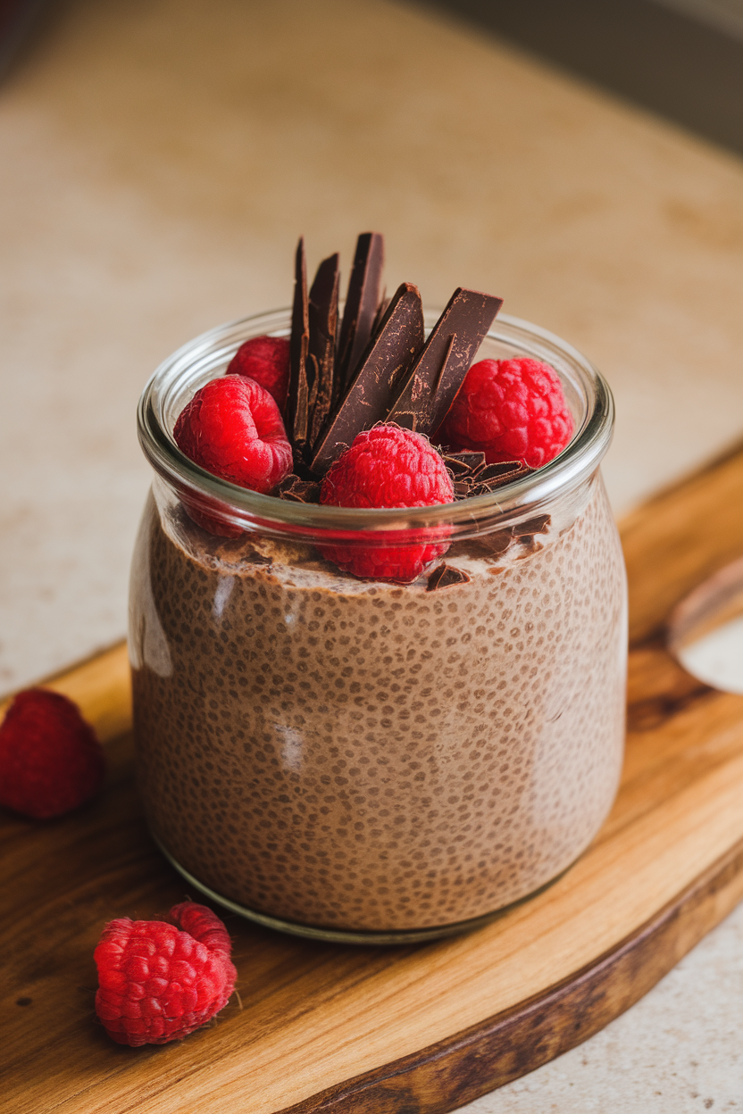 Glass jar of thick chocolate chia pudding topped with shaved dark chocolate and raspberries on an indoor countertop, no text or logos.