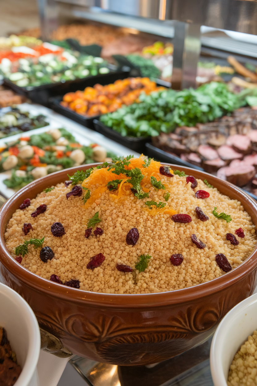 An indoor buffet spread with a large ceramic bowl of pearl couscous studded with dried cranberries, orange zest, and chopped parsley. No logos or text in scene. Photo.