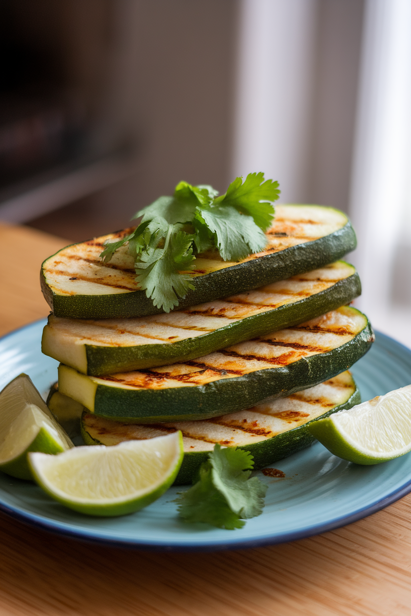Indoor photo of grilled zucchini sticks stacked on a plate, lightly charred and garnished with lime wedges and cilantro. No logos or text visible.
