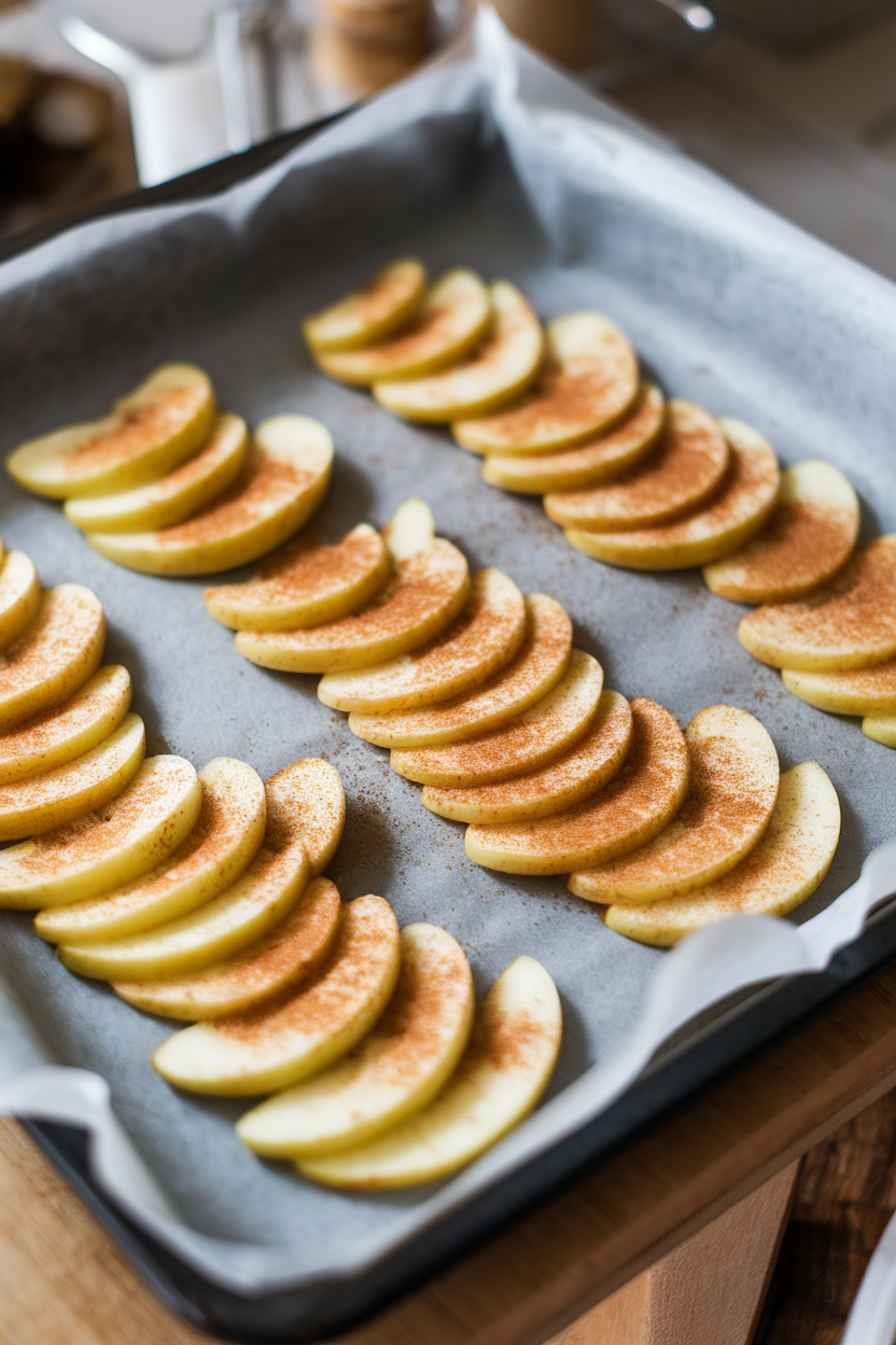 Indoor baking tray lined with parchment holding thin, crisp apple slices dusted with cinnamon. No text or logos visible.