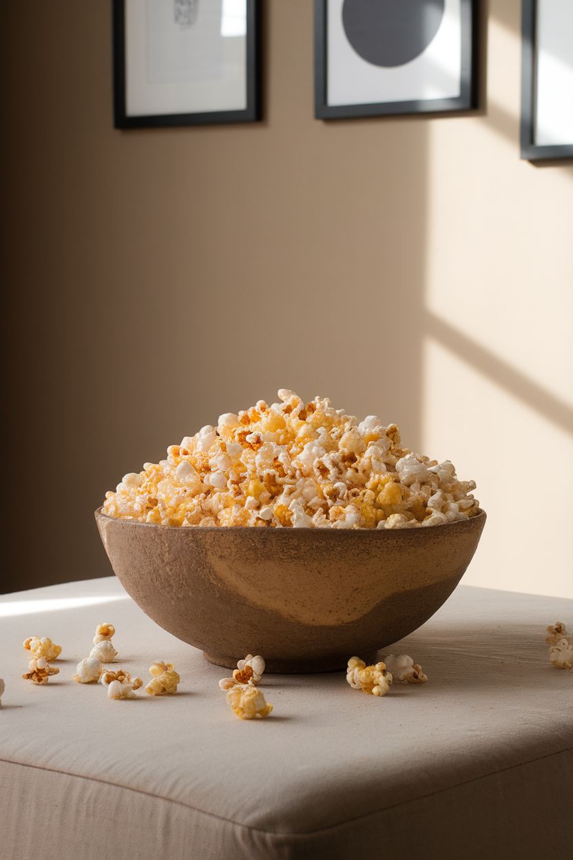 A large ceramic bowl of air-popped popcorn lightly seasoned, sitting on a coffee table indoors; no text or logos; photo