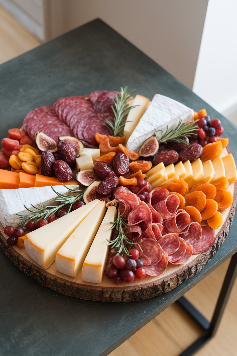 Photo of a wooden cheese board on an indoor table featuring sliced cured meats, assorted cheeses, dried fruit, and sprigs of rosemary arranged in festive colors. No text or logos present.