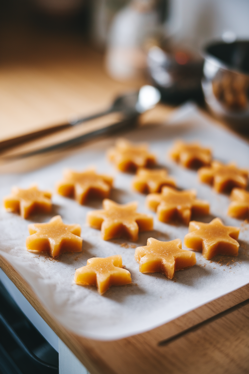 Indoor countertop with candied ginger cut into star shapes on parchment, no text or logos