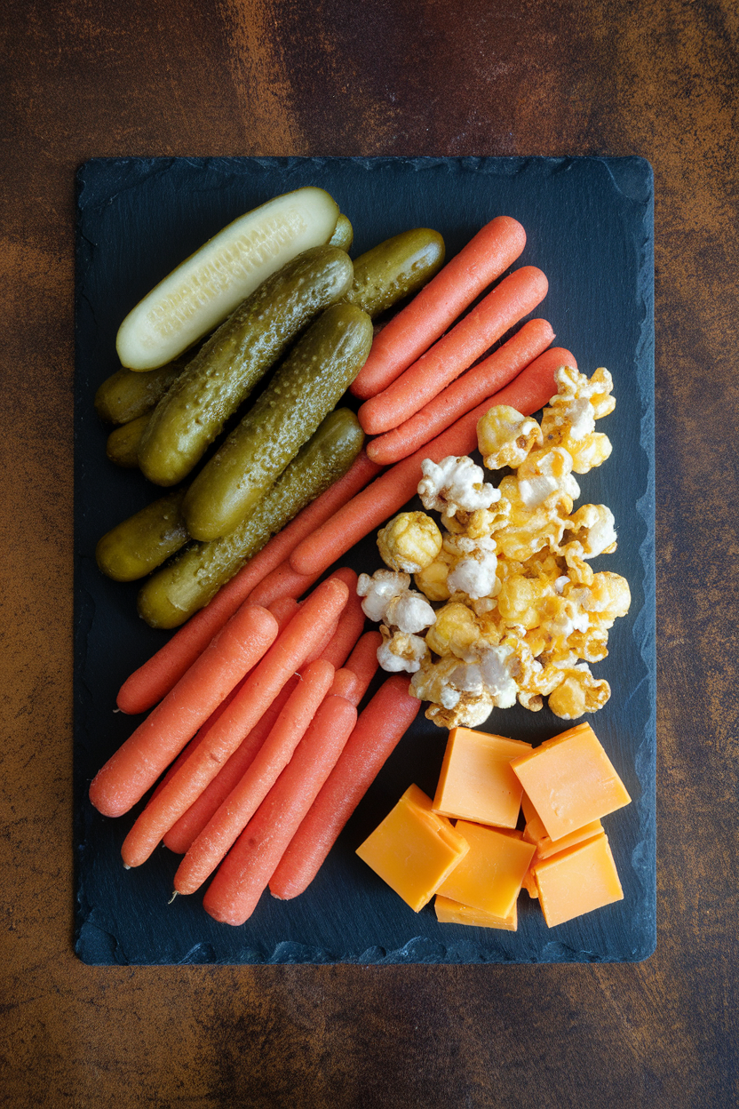 Indoor shot of a slate board loaded with dill pickle spears, pickled carrots, pickle-flavored popcorn, and sharp cheddar cubes; no logos or text visible.