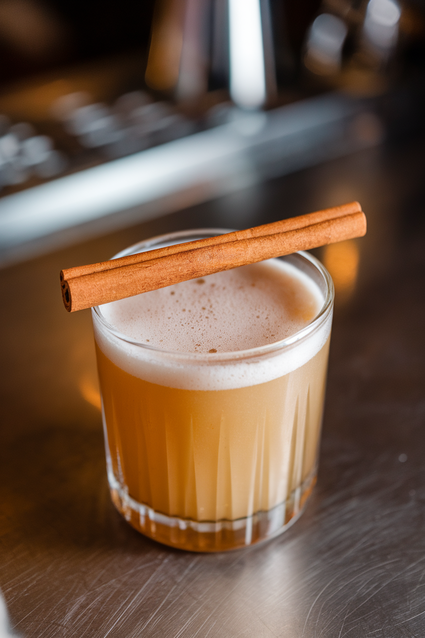 Indoor bar top featuring a rocks glass with frothy maple-tinted sour, cinnamon stick garnish resting across the rim. No text or logos; photograph, not illustration.