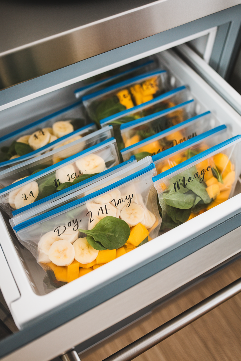 An indoor freezer drawer filled with zip bags labeled by day, each containing sliced banana, spinach leaves, and mango chunks for smoothies. No text or logos.