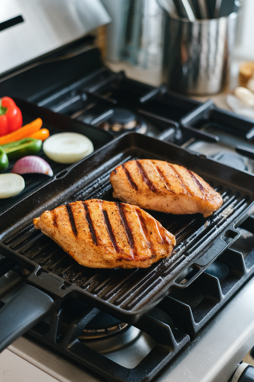 An indoor grill pan on a stovetop with sizzling chicken breast grill marks visible, no brand names.