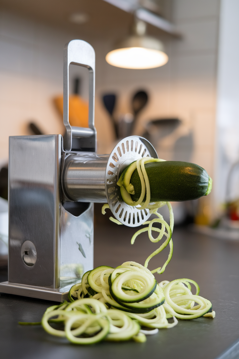 An indoor spiralizer on a kitchen counter turning a zucchini into long “noodles,” no text or logos present.