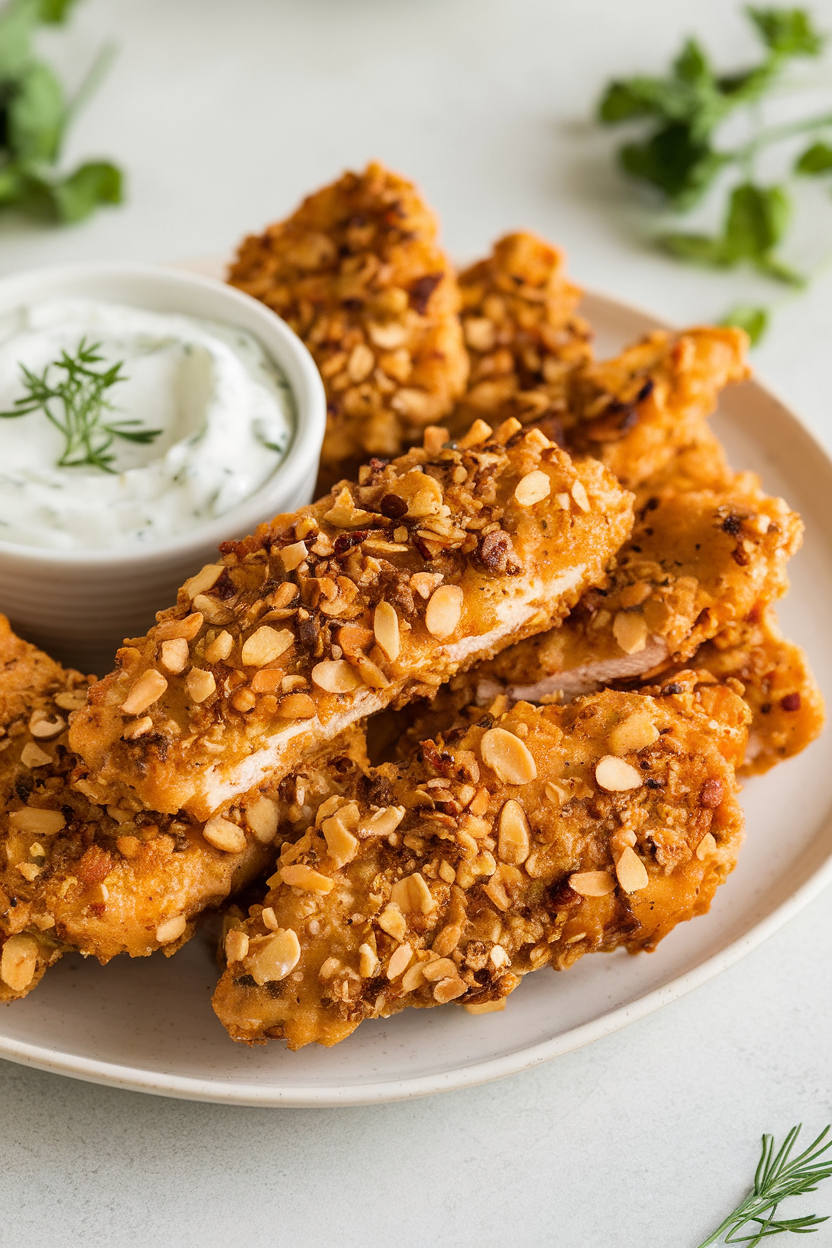 Indoor photo of golden almond-crusted chicken strips with a small bowl of herbed Greek yogurt dip. No text or logos.