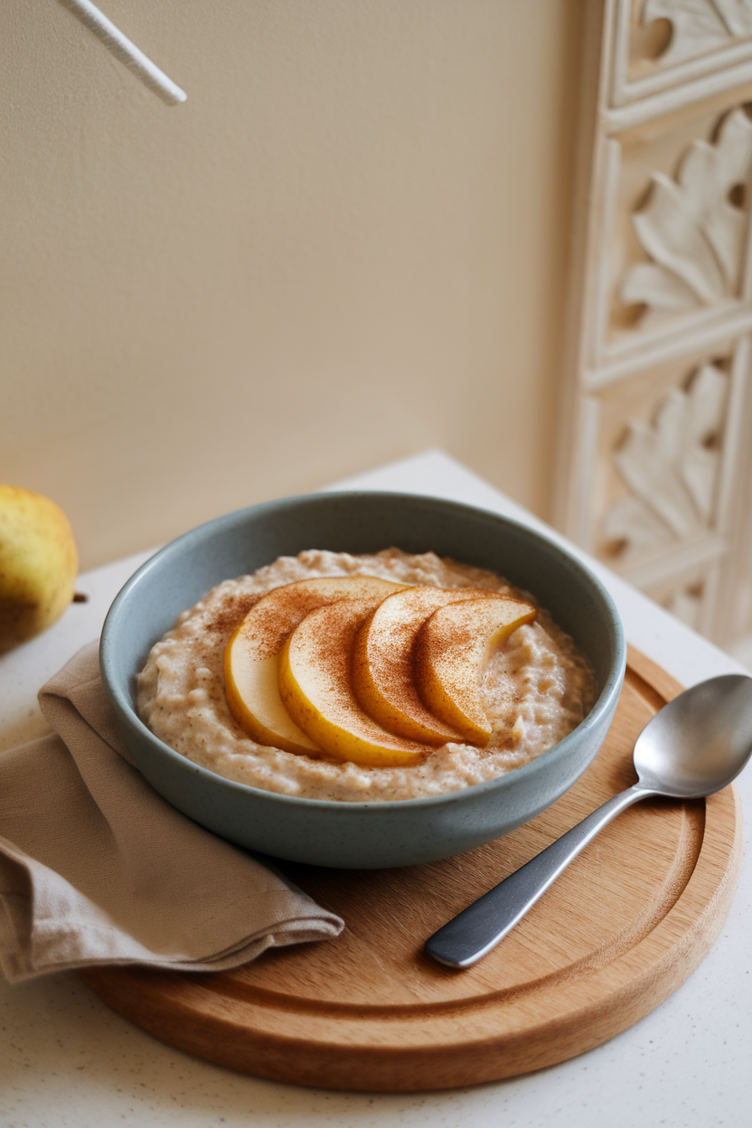 Indoor breakfast table holding a bowl of creamy oatmeal topped with caramelized pear slices and a dusting of cinnamon. No logos or text.