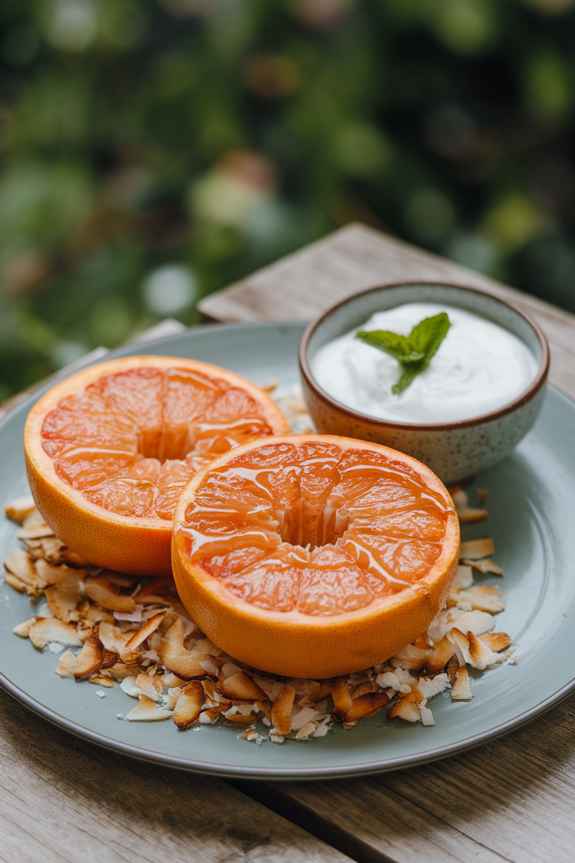 Indoor plate photo of caramelized grapefruit halves with a side dish of mint yogurt, no text or logos.