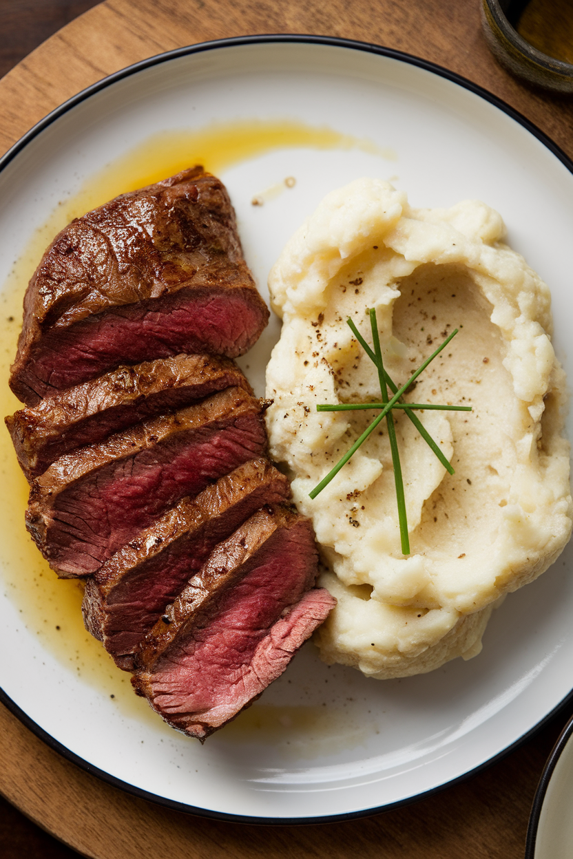 Indoor dinner plate with sliced sirloin next to creamy cauliflower mash topped with chives. No text or logos; photo only.