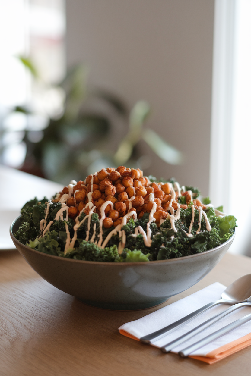Photo of a large salad bowl indoors showing massaged kale topped with crispy roasted chickpeas and a drizzle of creamy dressing, no text or logos