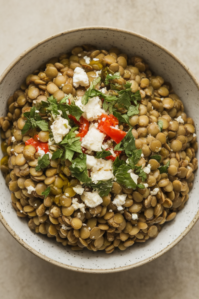 Indoor photo of a bowl of green lentils tossed with crumbled feta, chopped parsley, and diced red pepper, finished with olive oil. Neutral background, no text or logos.