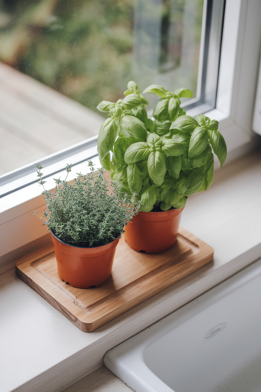 Photo of small indoor potted basil and thyme plants on a sunny windowsill above a sink. No text or logos.