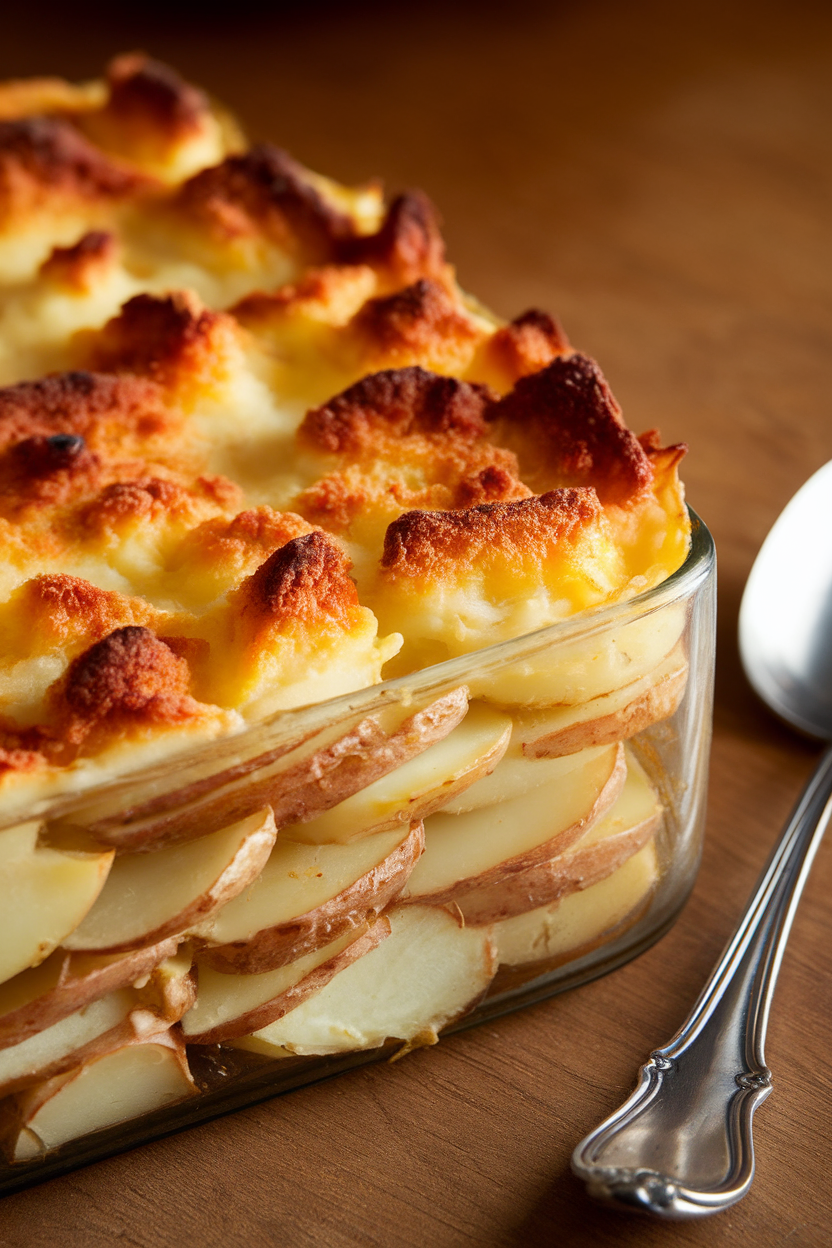 Indoor close-up of a baking dish with layered potatoes in creamy sauce, top browned and bubbly, a serving spoon ready. No branding. Photo.