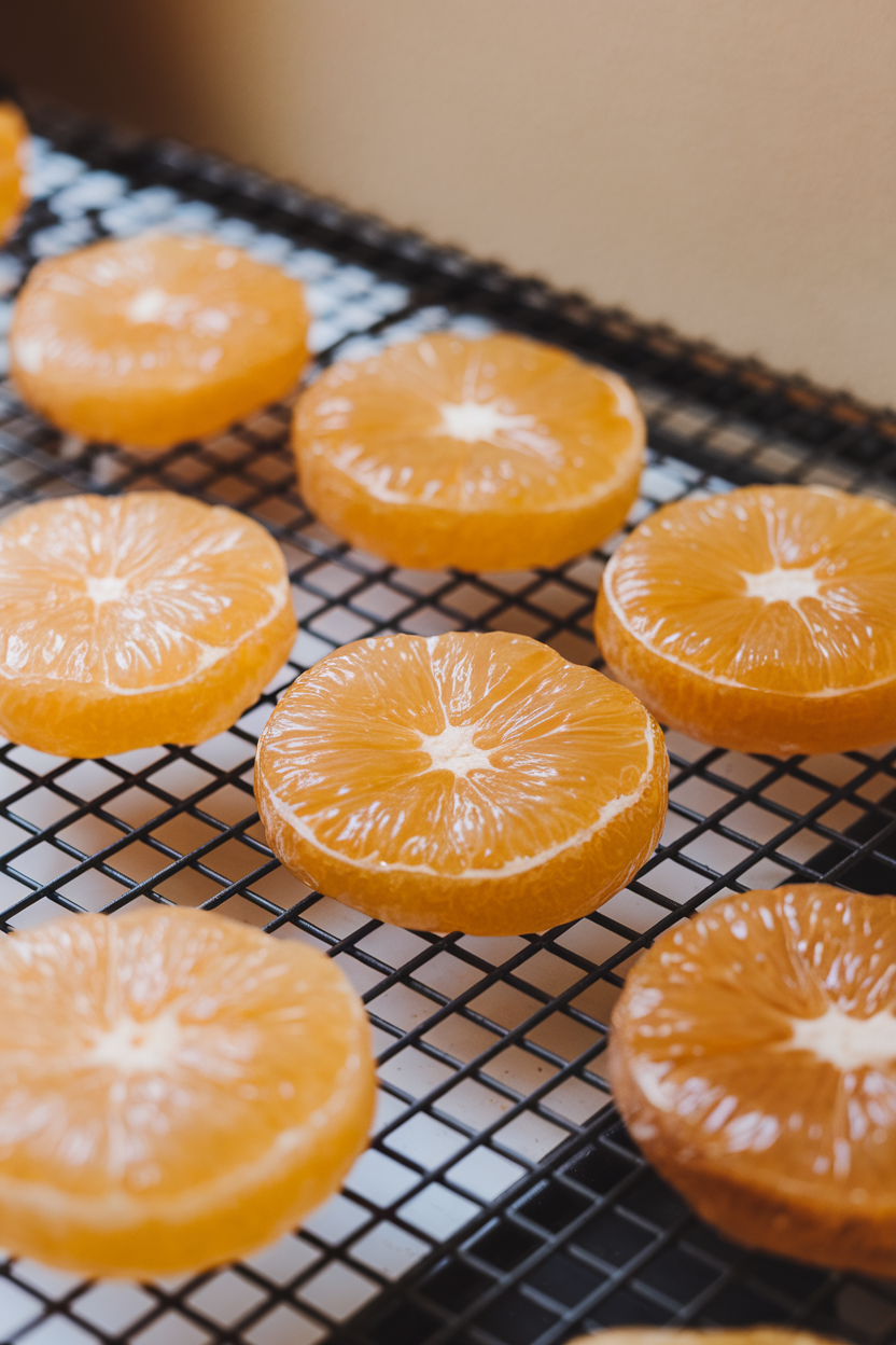 Indoor photo of translucent candied kumquat wheels on a cooling rack, no text or logos