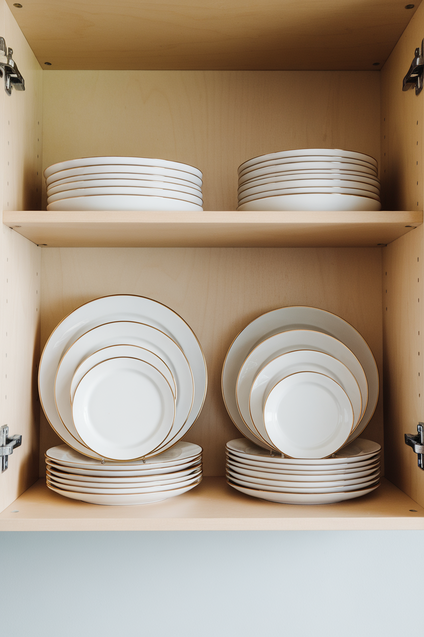 A kitchen cabinet shelf showing a stack of smaller dinner plates beside standard ones for comparison. No text or logos. Photo.