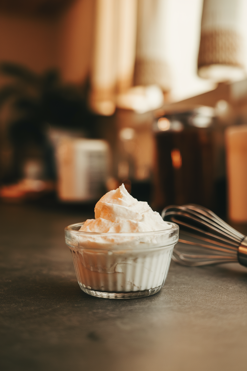 Photo of a small glass bowl full of fluffy coconut whipped cream with a whisk nearby on an indoor counter. No text or logos.