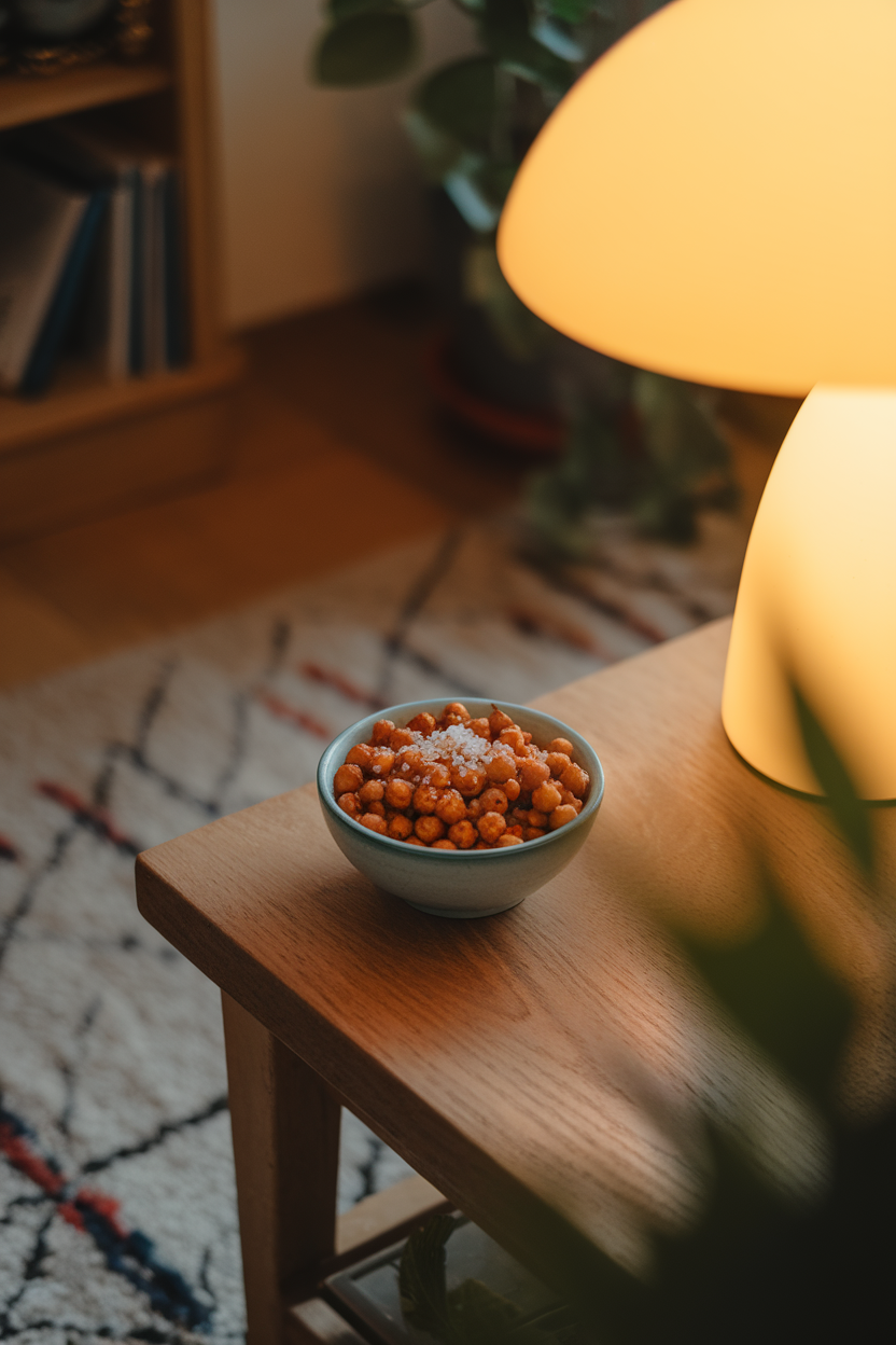 Photo of crunchy roasted chickpeas in a small bowl on an indoor coffee table, warm lamp lighting. No text or logos. Photo, not illustration.