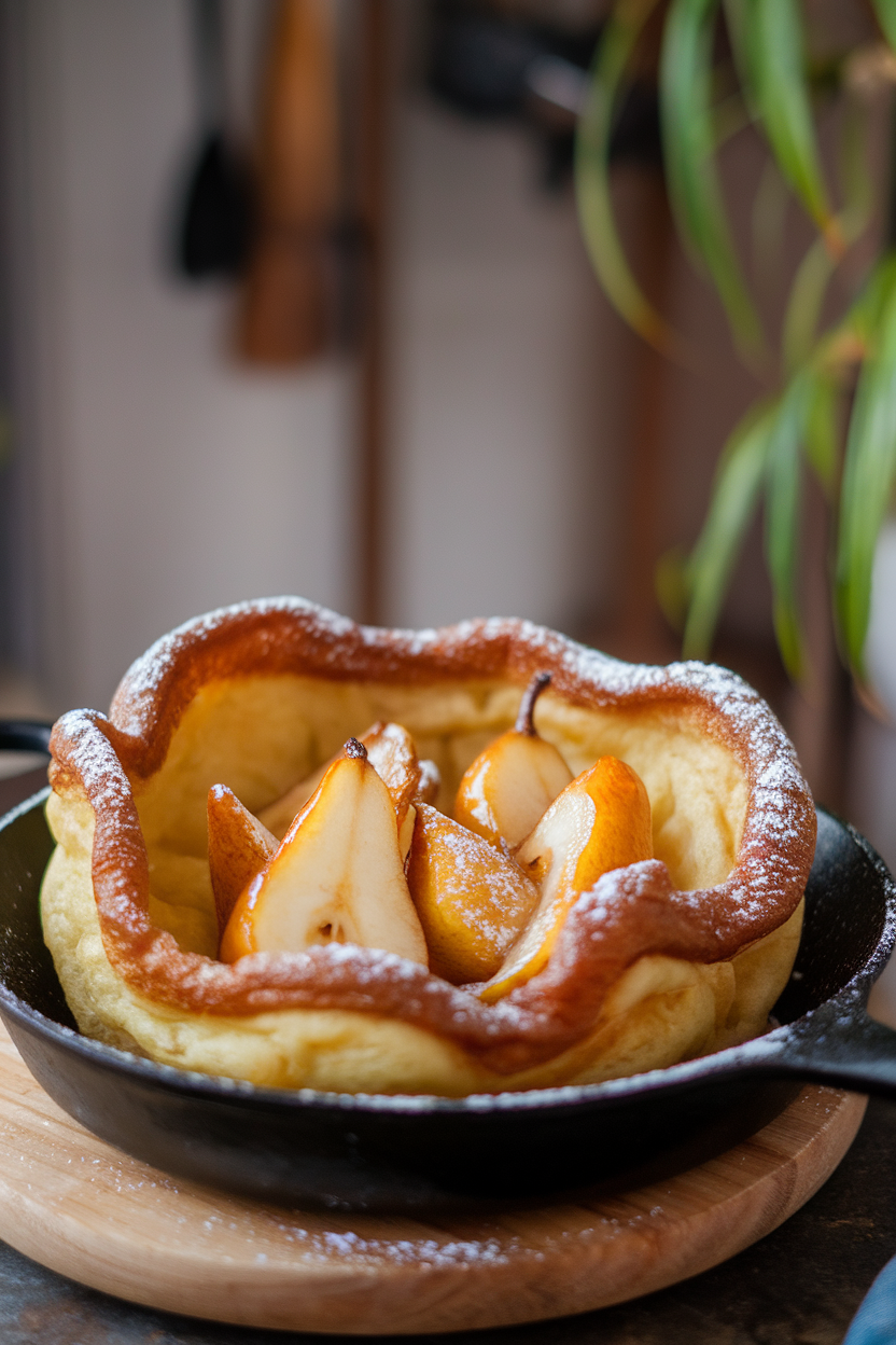 A skillet indoors holding a puffed Dutch baby pancake topped with caramelized pear slices and powdered sugar. No text or logos. Photo, not illustration.